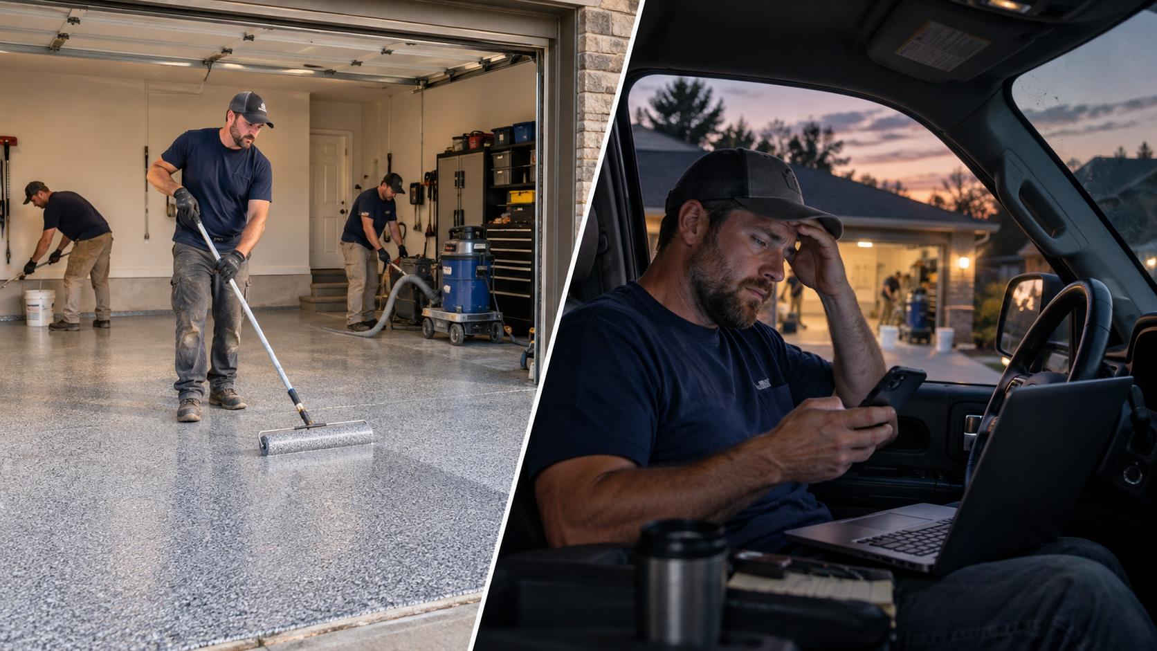 Garage-floor contractor working with his crew compared with chasing leads from his truck after hours