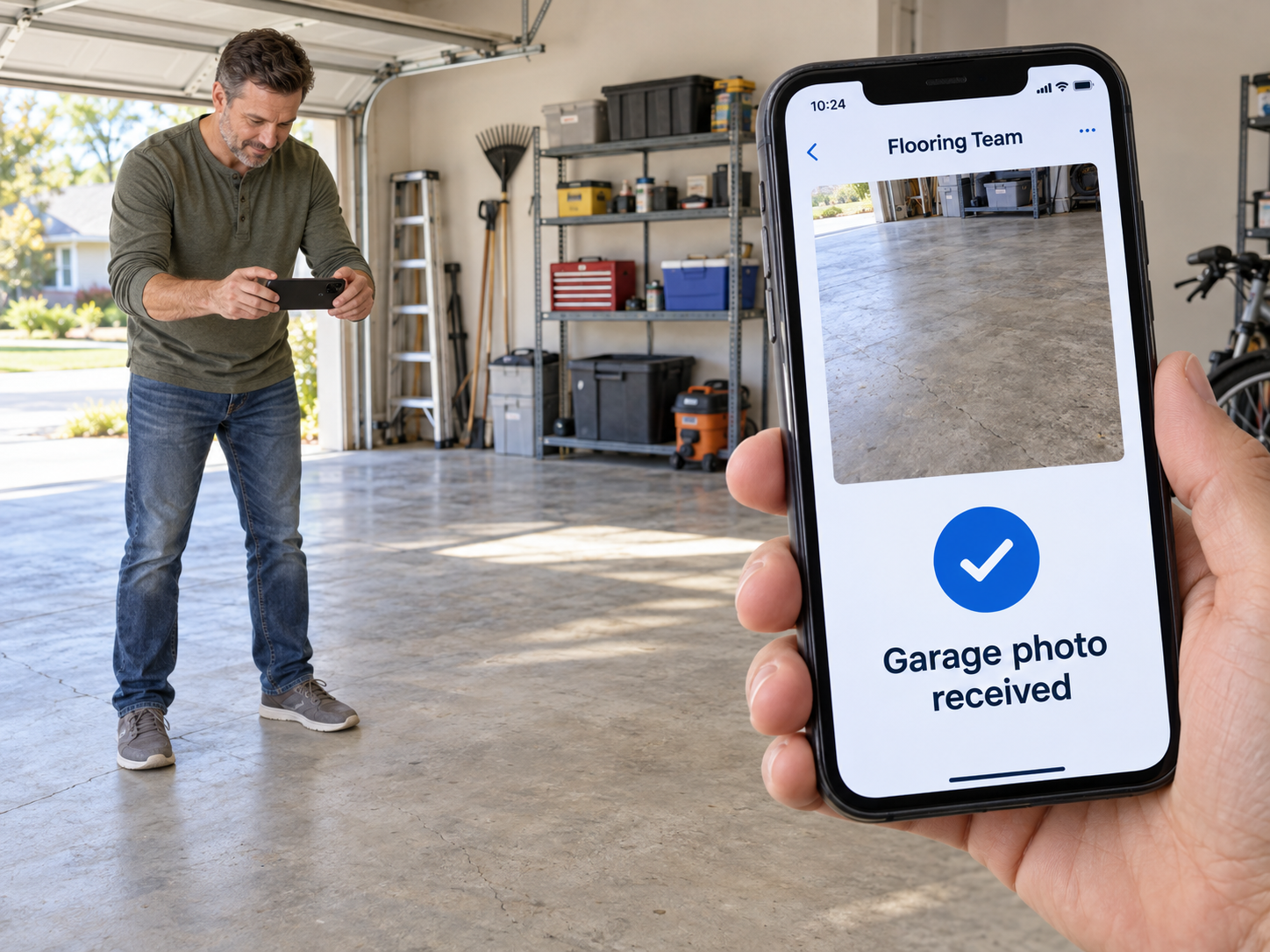 Homeowner taking a garage photo with a clear confirmation from the flooring team that the photo was received